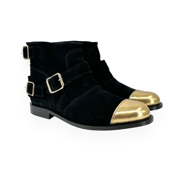 NIB Balmain x H&M Black Suede Gold Cap Ankle Boots Booties sz 41 - Picture 1 of 11